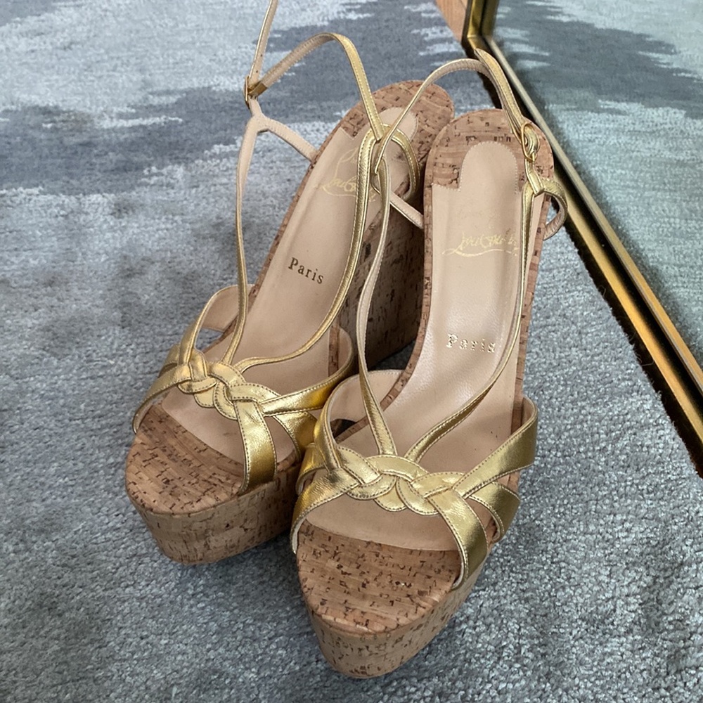 Gold Strap Platform Wedge Sandals - image 2